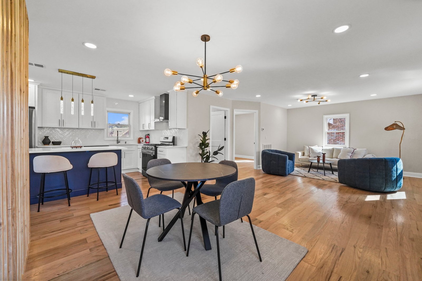 Finished kitchen, dining and living area at Pilla’s 78 Schuyler Avenue project in North Arlington, New Jersey